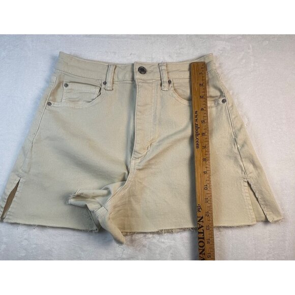 WeworeWhat High-Waisted Beige Denim Shorts Frayed Hem Slit Detail Sz 25 - Picture 7 of 8